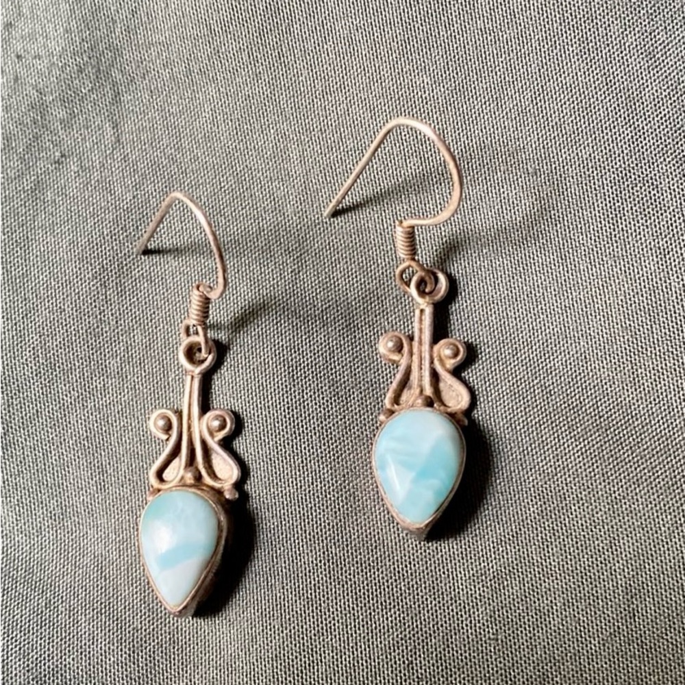 Larimar Silver Teardrop Drop Earrings, from Germany Vintage - Picture 2 of 3